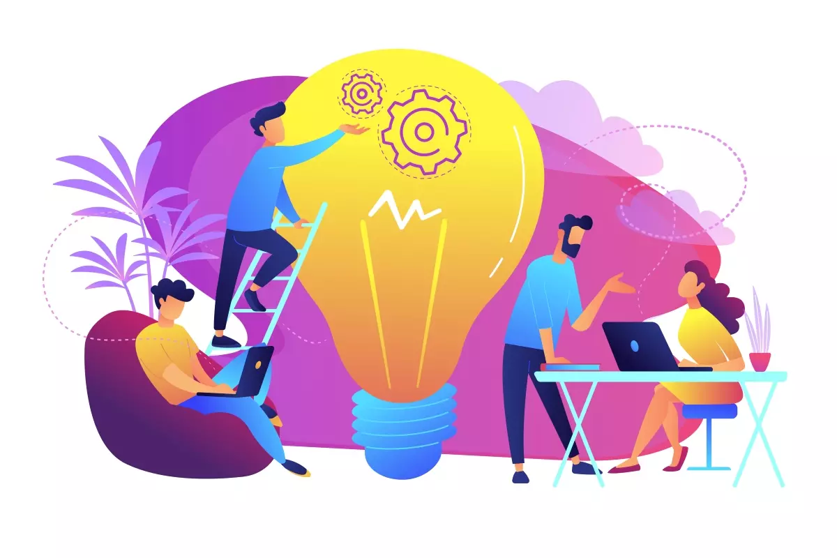 Ilustração mostrando pessoas discutindo e planejando ao redor de uma grande lâmpada acesa com engrenagens, simbolizando inovação e parcerias. Ideal para temas sobre o MEI contratar trabalhador intermitente.