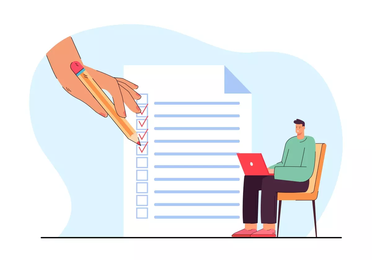 Ilustração mostrando uma pessoa sentado com um laptop, enquanto outra mão está marcando uma lista de verificação, representando aspectos que descaracterizam o Trabalho Intermitente.