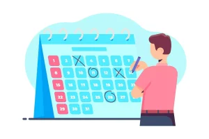 Ilustração de uma pessoa marcando uma data importante em um calendário para a convocação no contrato intermitente em feriado, destacando a importância do planejamento de trabalho em datas específicas.