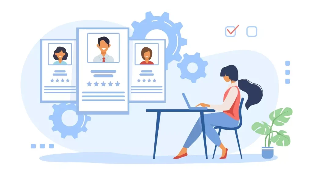 Ilustração de uma mulher realizando processo de contratação de trabalhador intermitente, com perfis de candidatos e elementos gráficos relacionados ao recrutamento.