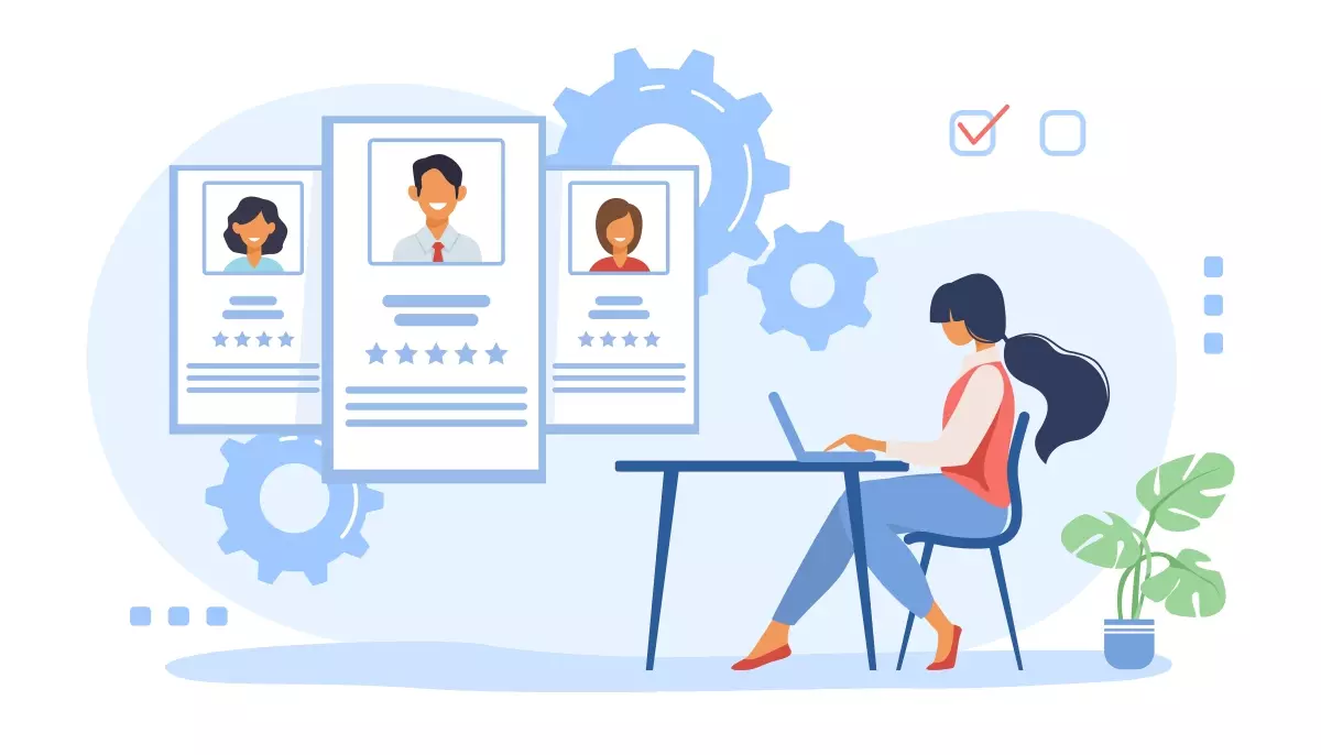 Ilustração de uma mulher realizando processo de contratação de trabalhador intermitente, com perfis de candidatos e elementos gráficos relacionados ao recrutamento.