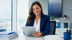 Mulher executiva em escritório corporativo, sorrindo enquanto usa um laptop sobre a mesa com pastas e documentos ao lado, em ambiente moderno com janelas ao fundo representando o contrato de trabalho sazonal.