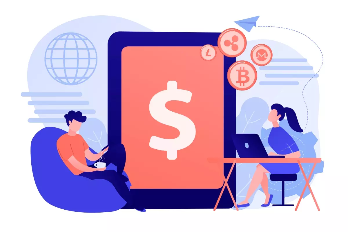 Ilustração de modo de pagamento digital com pessoas utilizando dispositivos móveis e computadores, destacando opções.