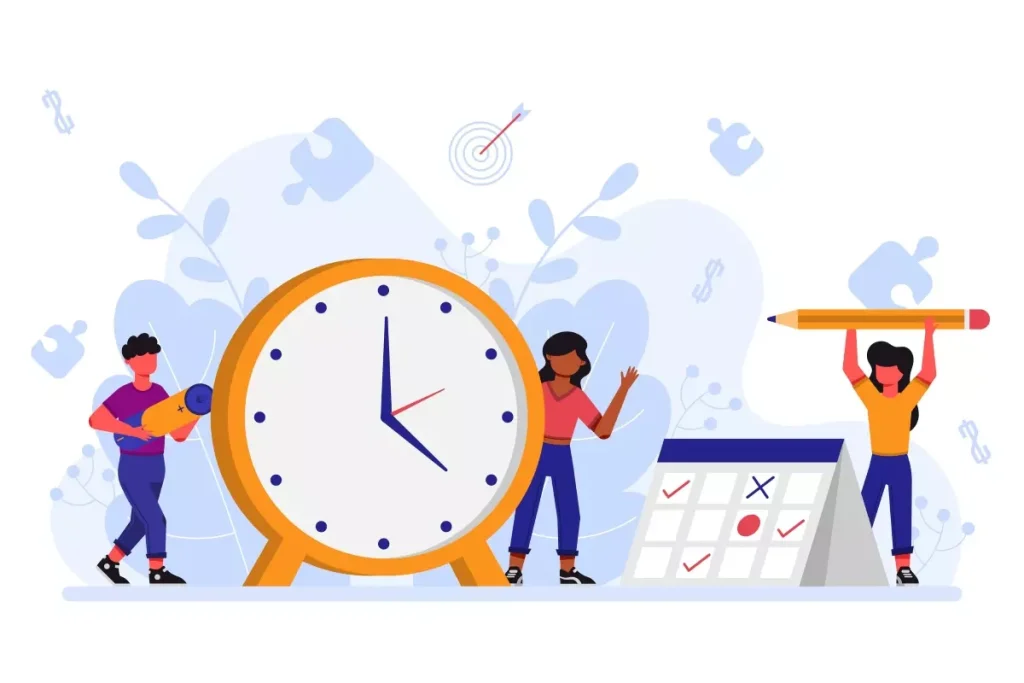 Ilustração de pessoas planejando trabalho sazonal com um relógio grande, calendário e ferramentas de organização, simbolizando a gestão de empregos temporários.