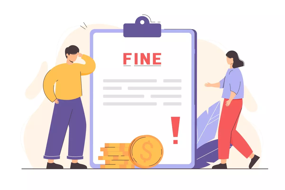 Ilustração sobre multa na convocação do trabalho intermitente, com pessoas ao lado de uma grande folha de papel com a palavra 'FINE' e moedas ao lado.