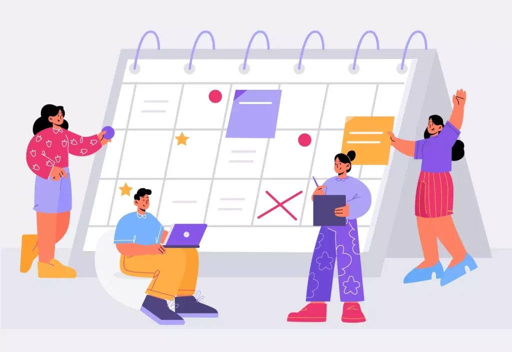 Ilustração de um calendário com anotações sobre o adiantamento de férias no contrato intermitente, com pessoas discutindo e planejando.