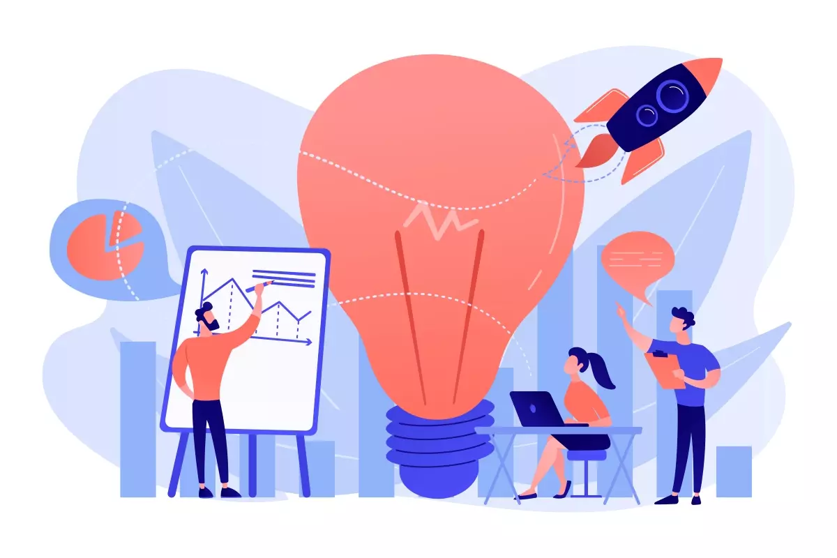 Imagem ilustrativa de uma equipe de negócios trabalhando estratégias para aumentar o faturamento, com gráfico, luz de ideia e foguete, representando crescimento e inovação.