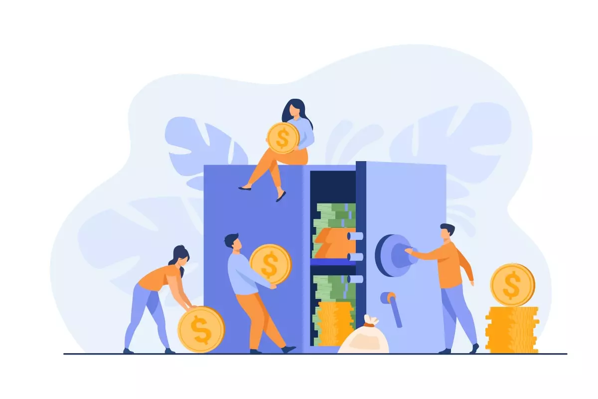 Ilustração representando o cálculo do adicional noturno no trabalho intermitente com pessoas manuseando moedas e uma caixa de dinheiro.