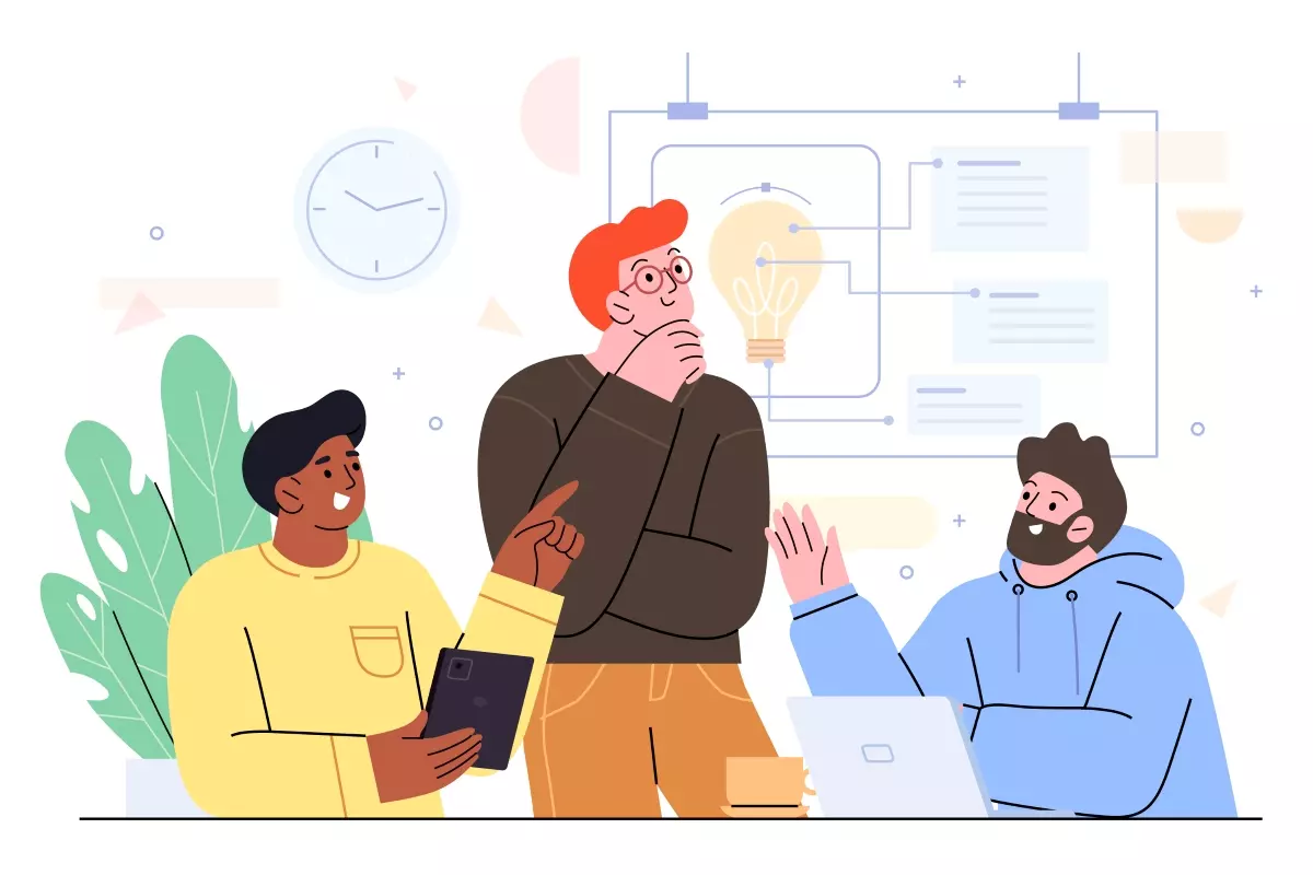 Ilustração de três pessoas discutindo sobre estabilidade no contrato intermitente, com elementos de tecnologia e inovação ao fundo.