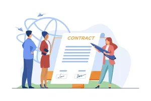 Ilustração de três pessoas ao redor de um contrato firmado, com elementos relacionados ao eSocial, representando a regularização do contrato intermitente.