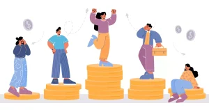 Ilustração de trabalhadores intermitentes se beneficiando de salário fixo, com diferentes posições de energia e sucesso, simbolizando estabilidade financeira e crescimento profissional.