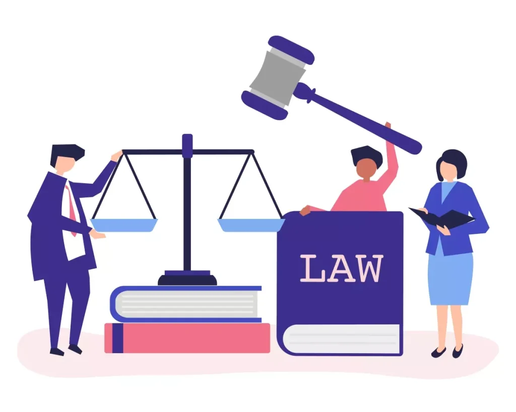 Representação do Trabalho Intermitente na CLT com figuras de profissionais jurídicos, balança, martelo, livros e uma análise da lei trabalhista brasileira.