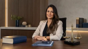 Advogada em escritório, usando blazer claro e roupa social escura, sentada à mesa com tablet e livros, ao lado de balança de justiça em ambiente profissional que representa o trabalho intermitente na CLT.