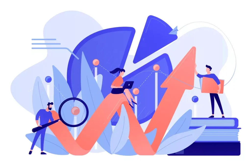 Ilustração que mostra profissionais analisando gráficos e estatísticas, representando as vantagens do contrato intermitente na relação de trabalho.