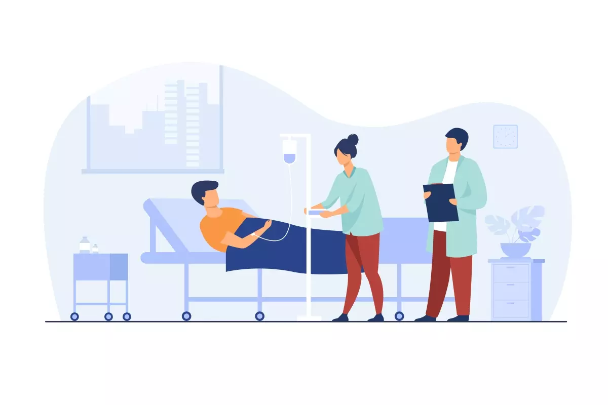 Ilustração de um paciente em um hospital recebendo atendimento médico após um acidente de trabalho no contrato intermitente.