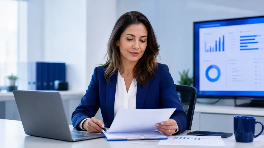 Mulher profissional em escritório analisando documentos e fazendo anotações ao lado de notebook, enquanto ao fundo um monitor exibe gráficos e dados de negócios representando informações sobre o auxílio-doença no contrato intermitente.
