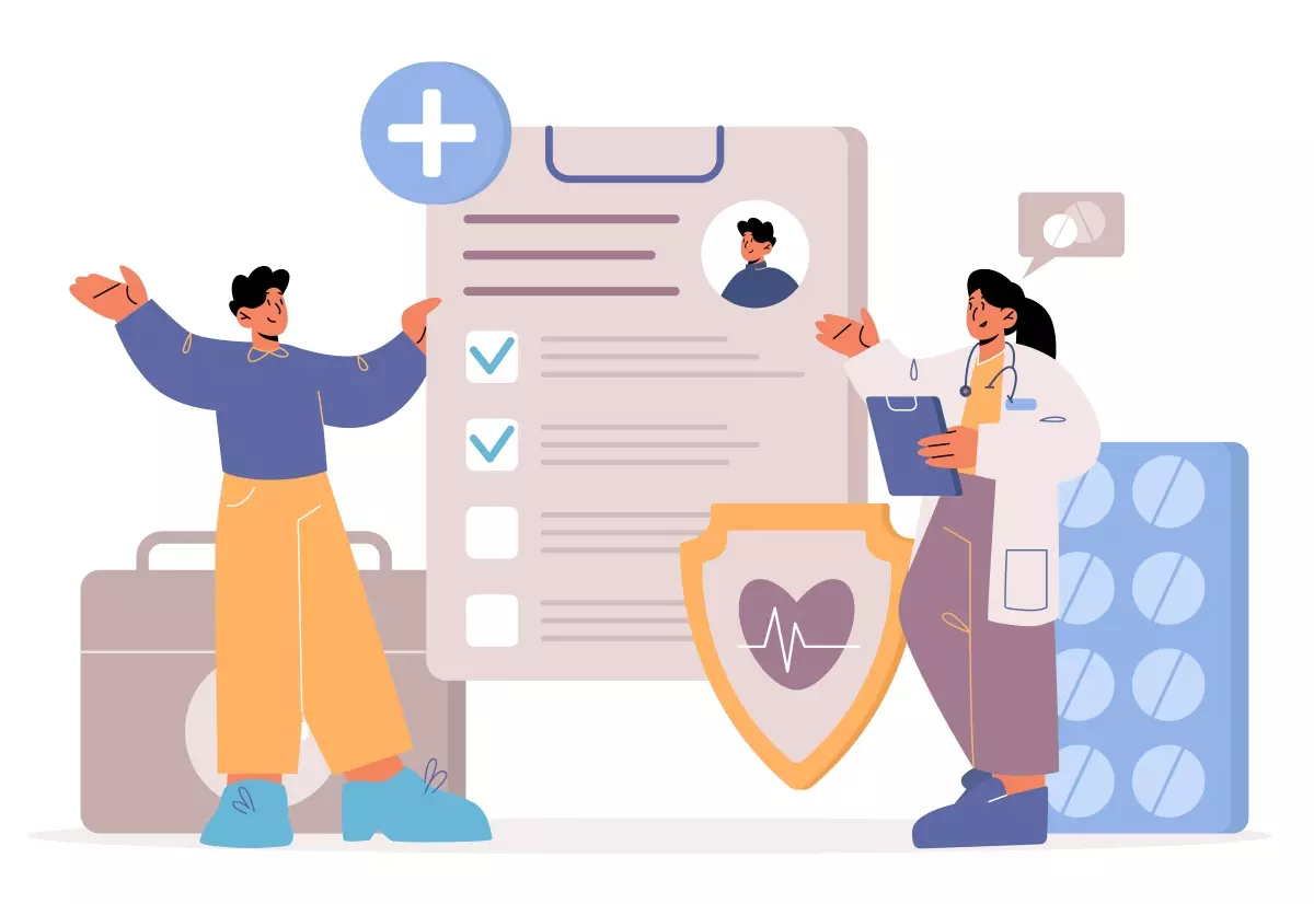 Ilustração sobre auxílio doença no contrato intermitente, mostrando profissionais de saúde e documento de laudo médico na temática.