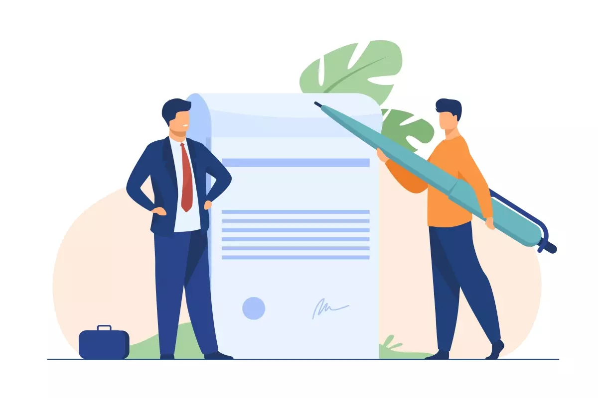 Ilustração de duas pessoas discutindo rescisão de contrato, um segurando uma caneta gigante e outro com pasta de trabalho, representando o procedimento de rescindir o contrato intermitente.