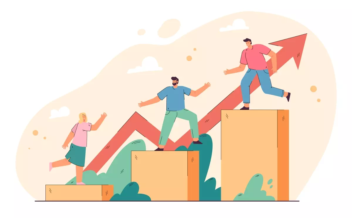 Ilustração representando o crescimento do trabalho intermitente no Brasil, com pessoas ascendendo em blocos de diferentes tamanhos e uma seta apontando para cima.