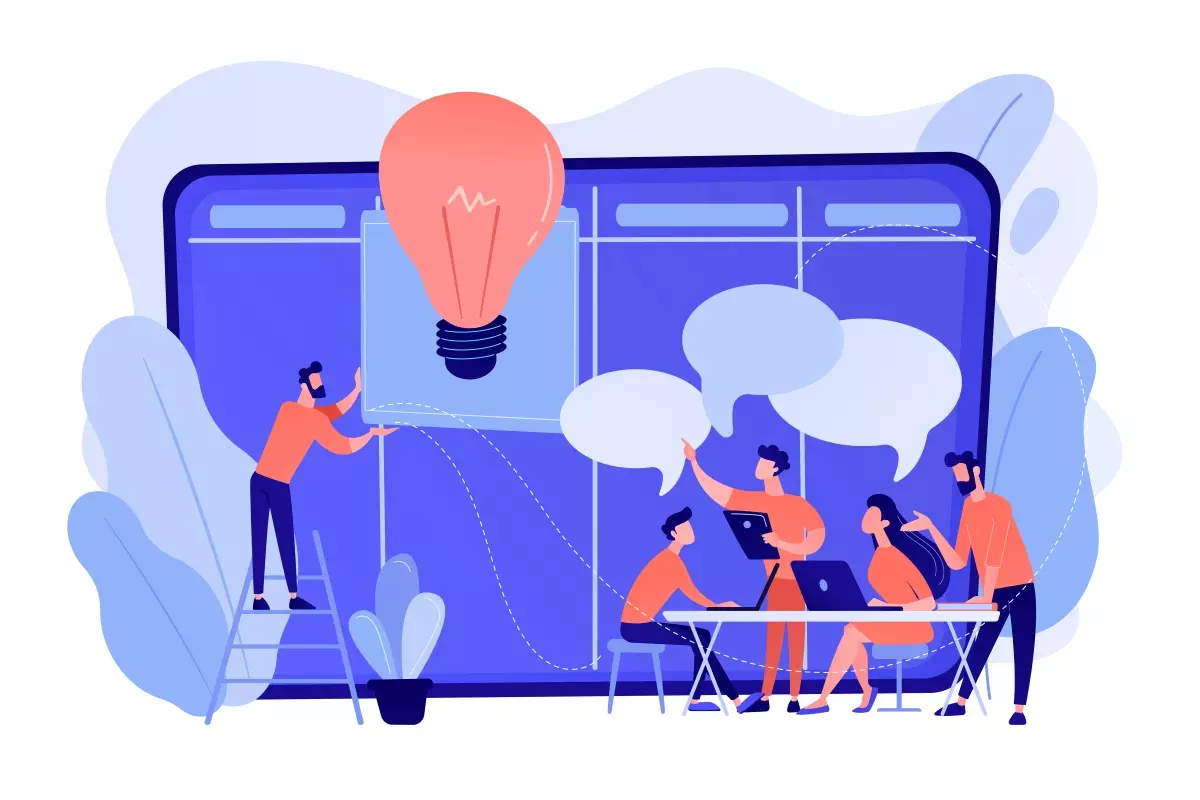 Ilustração de pessoas discutindo estratégias de trabalho intermitente em um negócio digital, com uma grande tela de computador, lâmpada de ideia e diálogo.