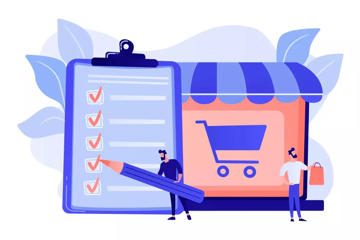 Ilustração de pessoas analisando uma lista de tarefas ao lado de uma tela de computador com símbolo de compra, representando venda de férias no trabalho intermitente.