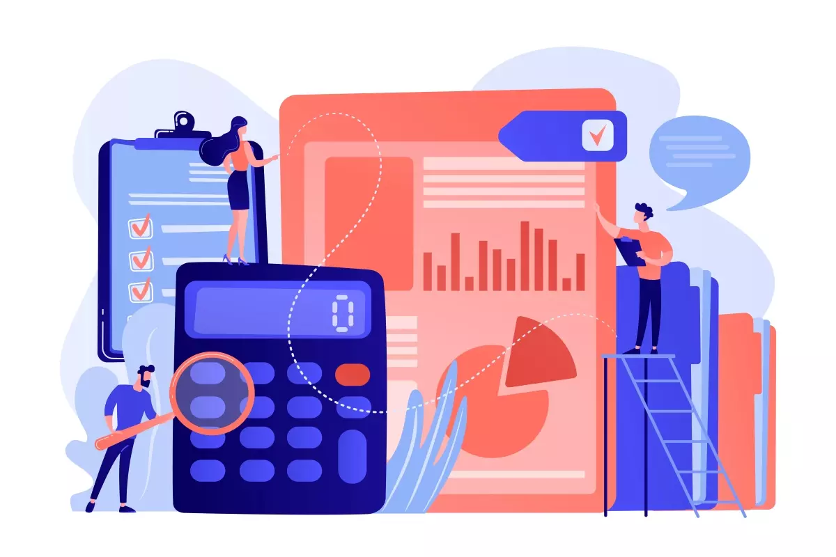 Ilustração de pessoas analisando documentos e gráficos relacionados ao adicional de transferência no contrato intermitente, incluindo calculadora e relatórios.
