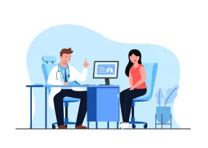 Ilustração de uma consulta médica para exame admissional no trabalho intermitente, com médico explicando resultados ao paciente, destacando a importância do exame para a contratação.