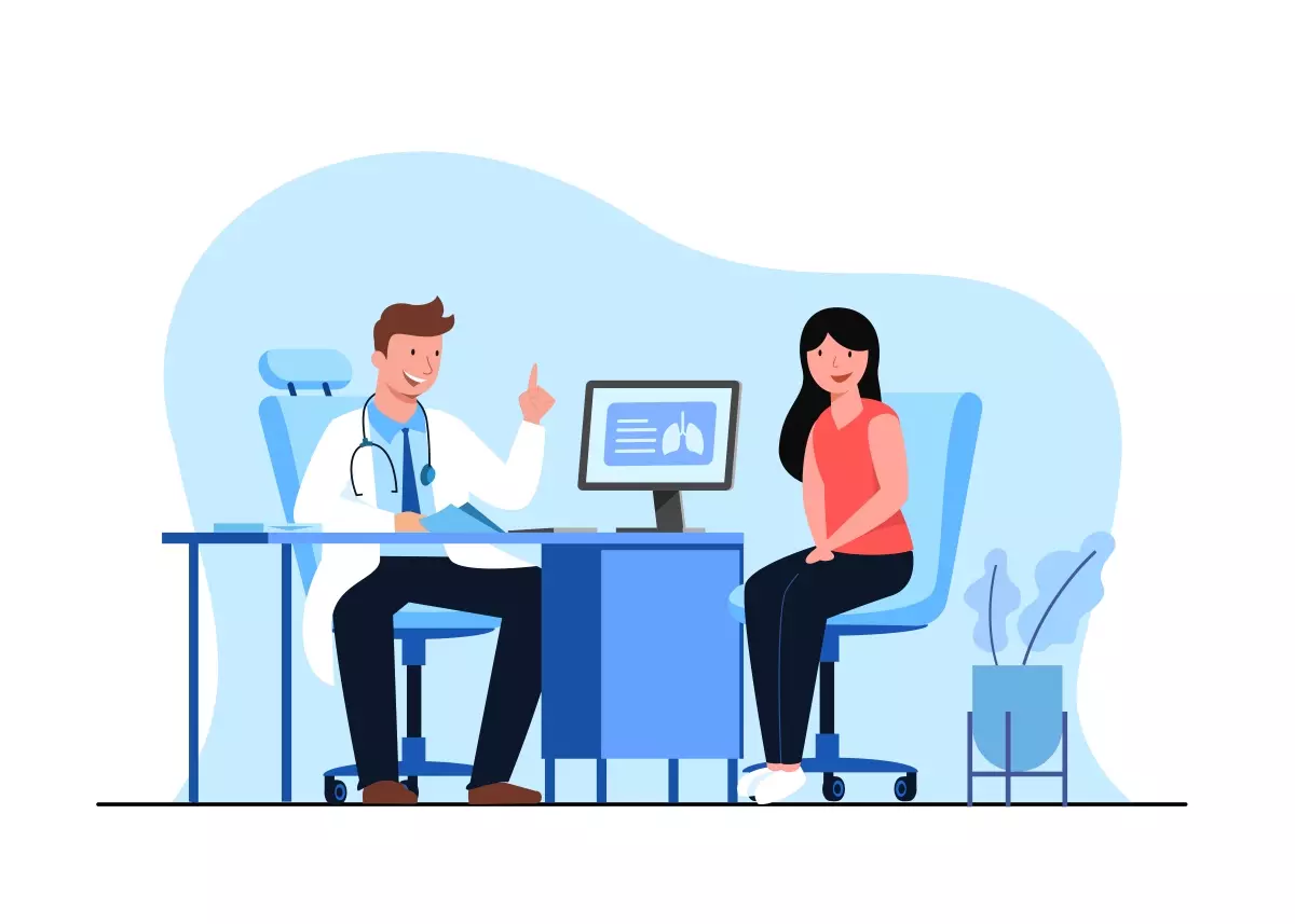 Ilustração de uma consulta médica para exame admissional no trabalho intermitente, com médico explicando resultados ao paciente, destacando a importância do exame para a contratação.