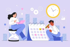 Ilustração de duas pessoas analisando um calendário e uma lista de tarefas, com ênfase na gestão de faltas injustificadas no contrato intermitente, destacando importância do controle e pontualidade.