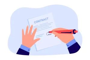 Ilustração de mãos assinando um contrato com a palavra 'CONTRACT' na página, representando a rescisão por justa causa no contrato intermitente.
