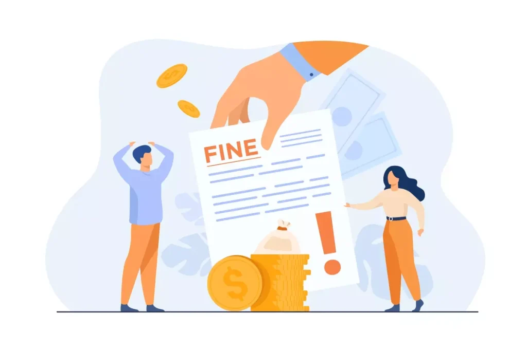 Ilustração representando desconto de danos materiais no contrato intermitente, com uma mão segurando multa e moedas, e duas pessoas preocupadas.