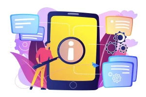 Ilustração sobre o desligamento do trabalhador intermitente no eSocial, incluindo smartphone, ícones de informação, configurações e comunicação digital.