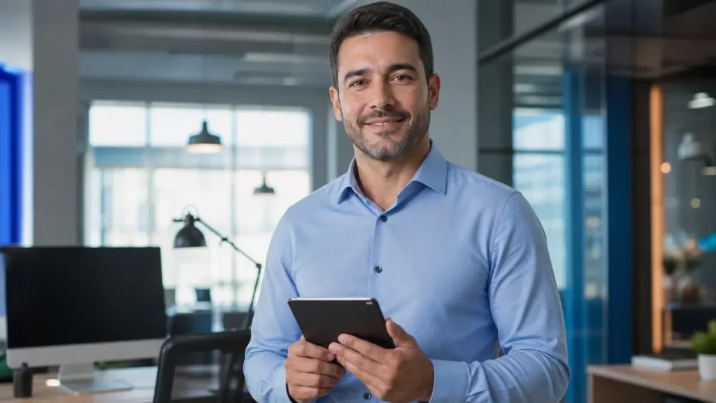 Homem sorridente em escritório corporativo moderno, usando smartphone e segurando um tablet ou prancheta, em pé ao lado de mesas e janelas com luz natural representando se a empresa e o trabalhador intermitente podem manter vínculo.