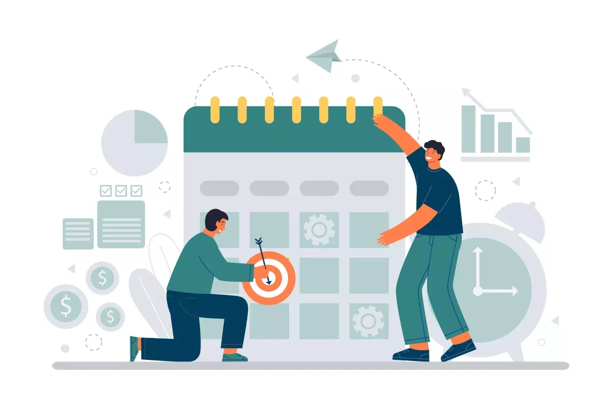 Ilustração representando a estabilidade pós-férias no contrato intermitente, com duas pessoas planejando e ajustando sua agenda profissional, sinalizando organização e foco.