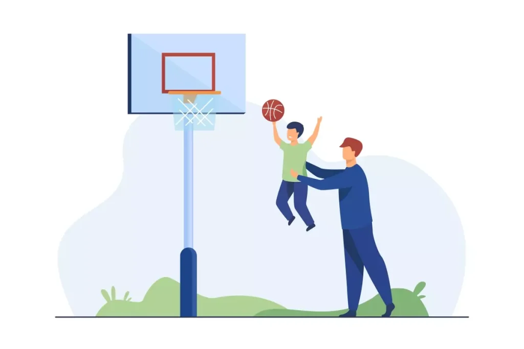 Ilustração de pai jogando seu filho com uma bola de basquete na quadra para promover a Licença-Paternidade no Contrato Intermitente.