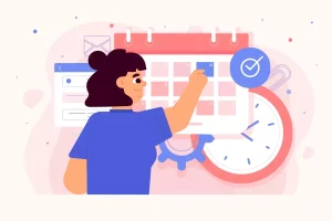 Ilustração de uma pessoa marcando uma data no calendário para o pagamento da rescisão no contrato intermitente, com detalhes de relógio e checkmark.