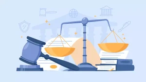 Imagem ilustrativa representando processos trabalhistas no contrato intermitente, com balança de justiça, martelo, livros e documentos jurídicos.