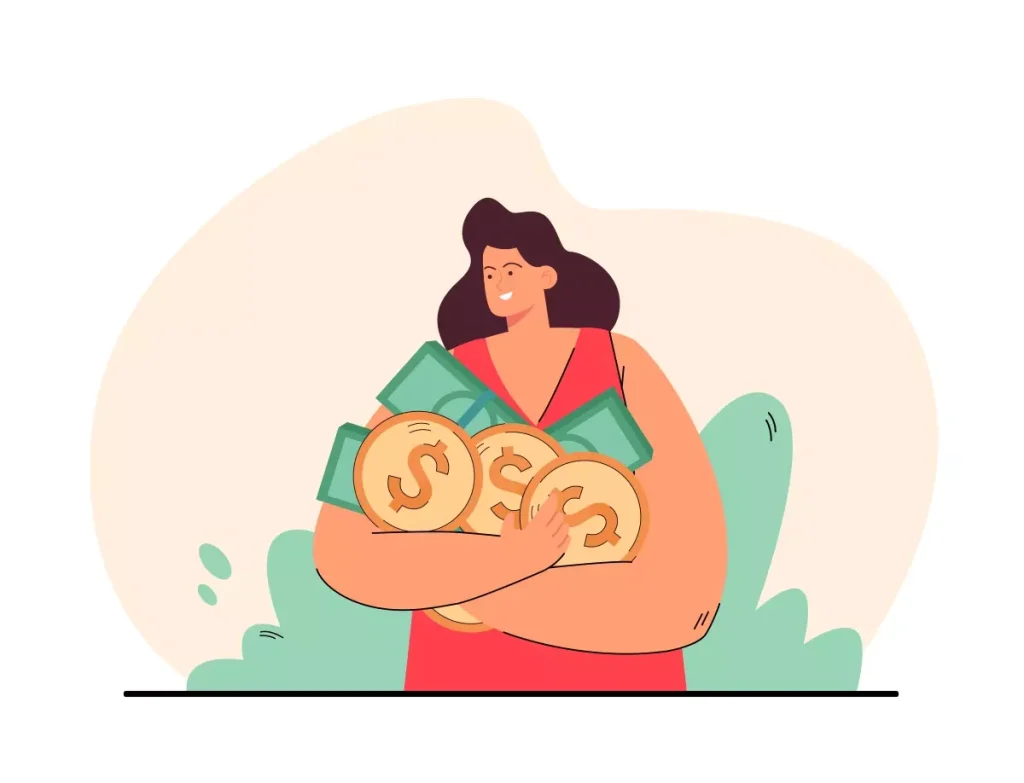 Ilustração de uma mulher feliz segurando dinheiro e moedas, representando o pagamento do salário-maternidade no contrato intermitente.