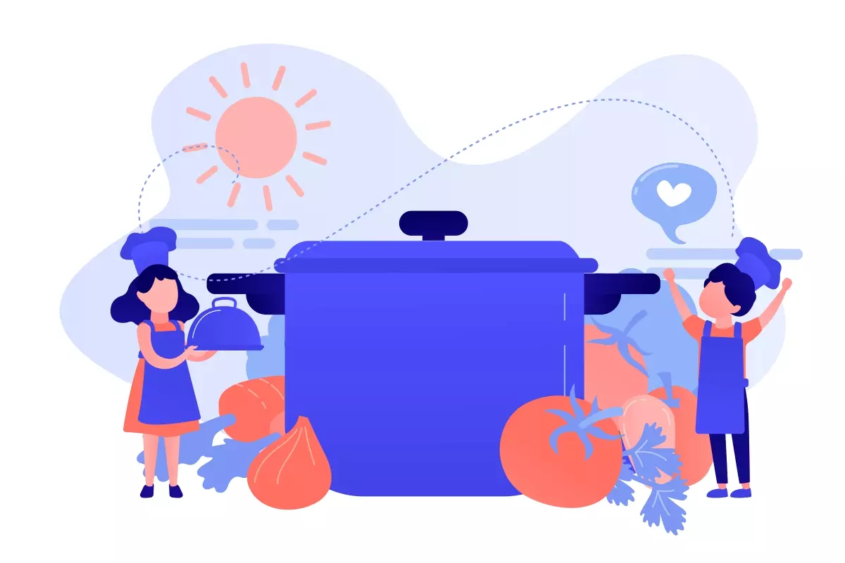 Ilustração representando o vale-alimentação para trabalhadores intermitentes, com duas pessoas ao redor de uma panela gigante, alimentos e elementos de sol e coração, simbolizando benefícios e alimentação para trabalhadores temporários.