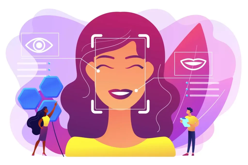 Ilustração de controle de ponto por reconhecimento facial, destacando a tecnologia de reconhecimento facial usada para garantir o registro preciso de entrada e saída no trabalho, com uma pessoa sorridente e elementos tecnológicos ao redor.