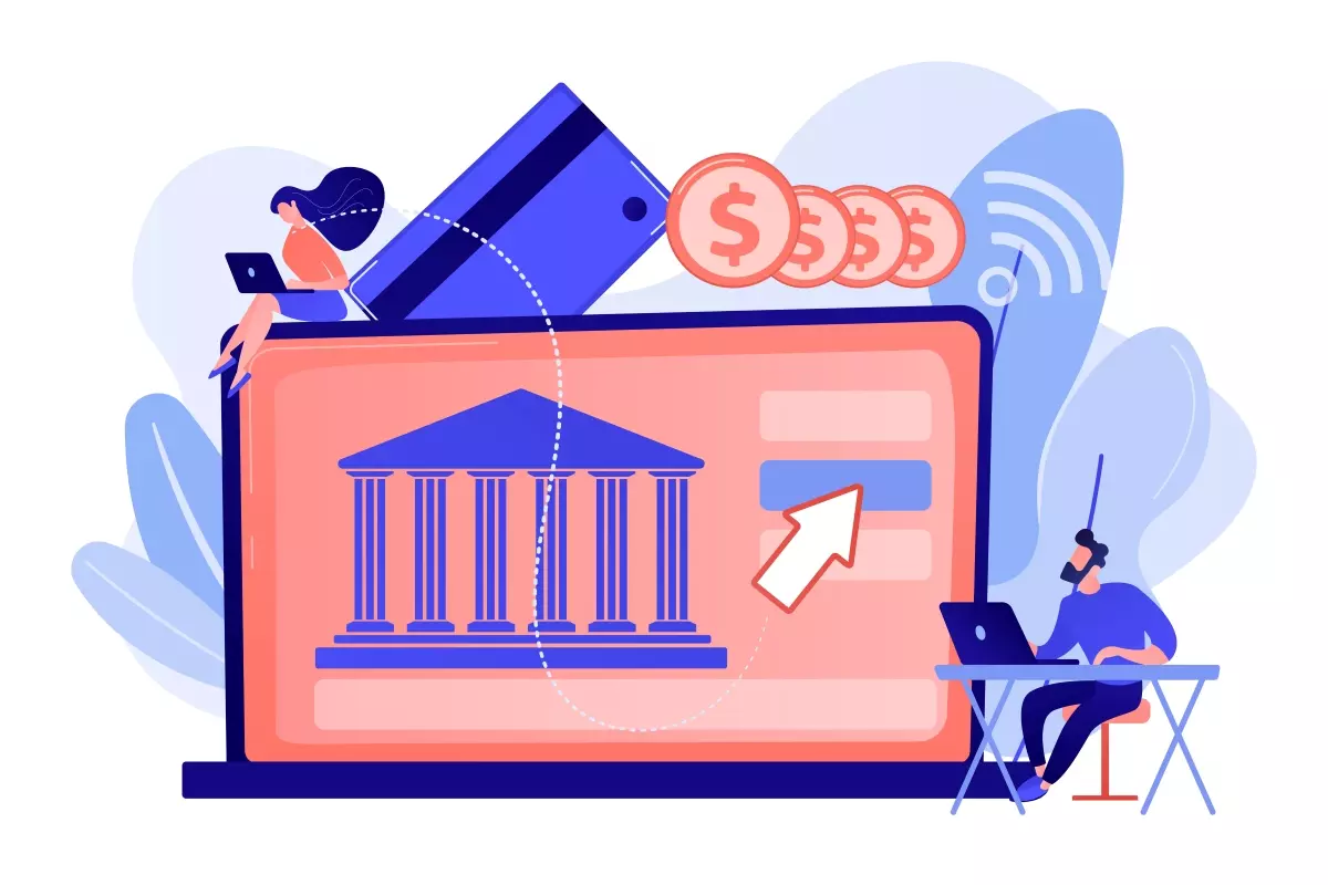 Ilustração representando a inclusão das férias do trabalhador intermitente no eSocial, destacando o uso de computadores, dinheiro e elementos de tecnologia.
