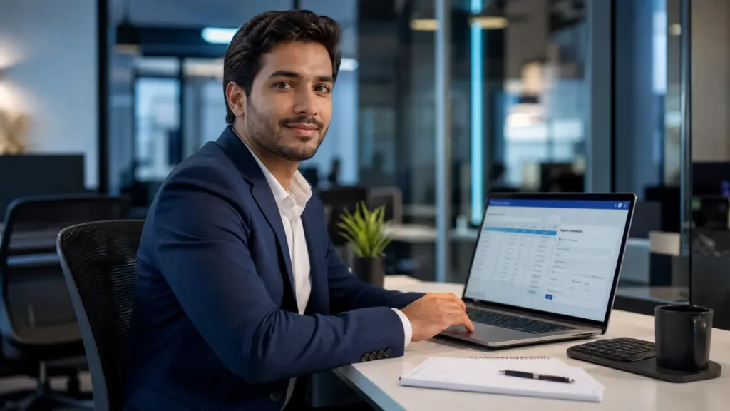 Homem em escritório corporativo, usando terno e camisa social, trabalhando em um notebook com planilha e analisando dados, sentado à mesa com caneta e copo representando como registrar o salário-família do trabalhador intermitente no eSocial