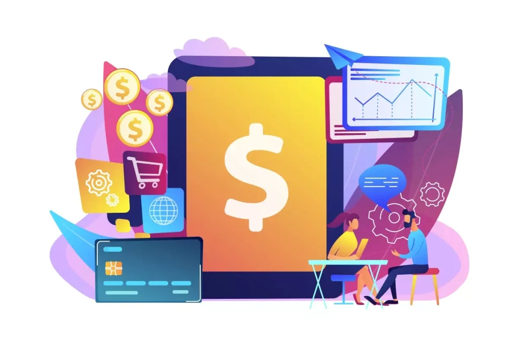 Ilustração digital de um smartphone exibindo o símbolo de dólar, rodeado por ícones relacionados a finanças, incluindo gráfico de desempenho, cartão de crédito, e símbolos de dinheiro, ilustrando o processo de registro do salário-família do trabalhador intermitente no eSocial.