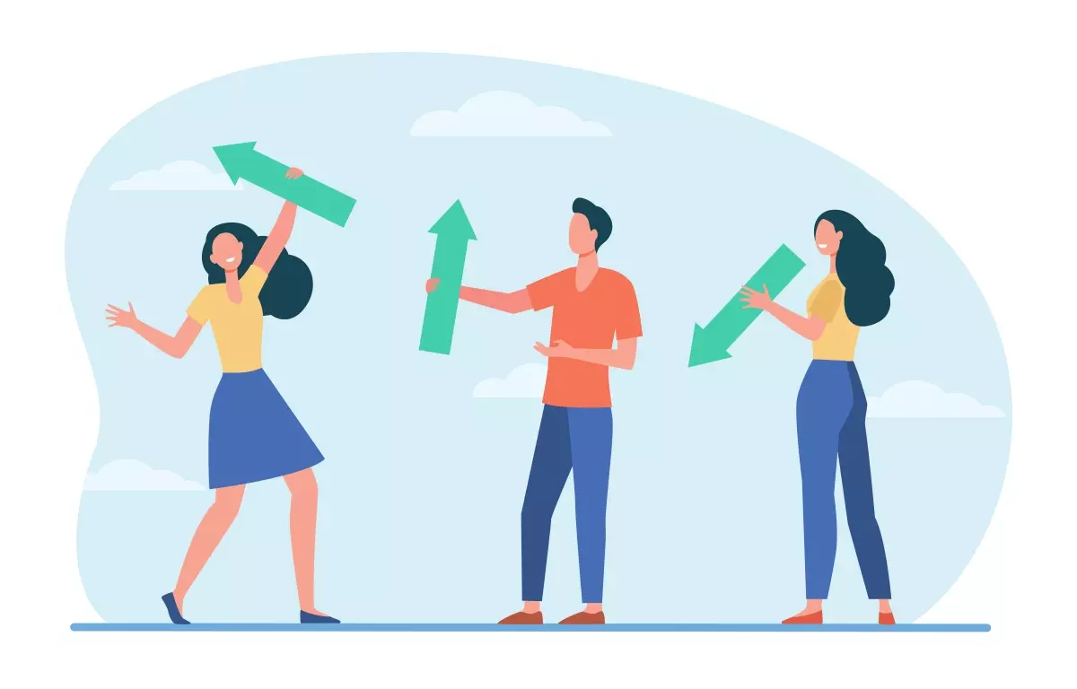 Ilustração representando a rotatividade de funcionários na empresa, com pessoas segurando setas que indicam crescimento e queda, destacando o impacto na organização.