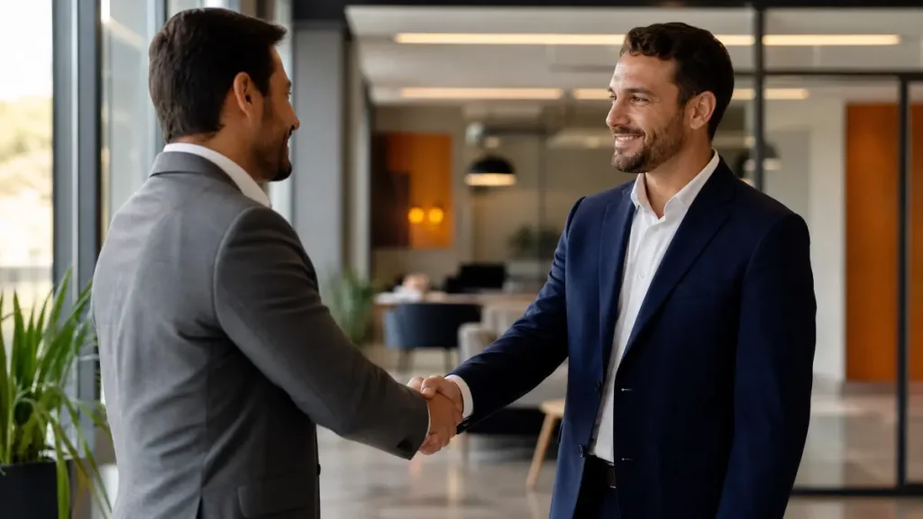Dois empresários se cumprimentam com um aperto de mãos em um ambiente corporativo moderno, transmitindo um momento de negociação e confiança no escritório representando os acordos individuais no contrato intermitente.