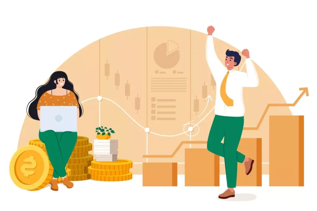 Ilustração representando os encargos que incidem no pagamento do trabalhador intermitente, incluindo gráficos, moedas e pessoas comemorando, indicando crescimento e sucesso financeiro.