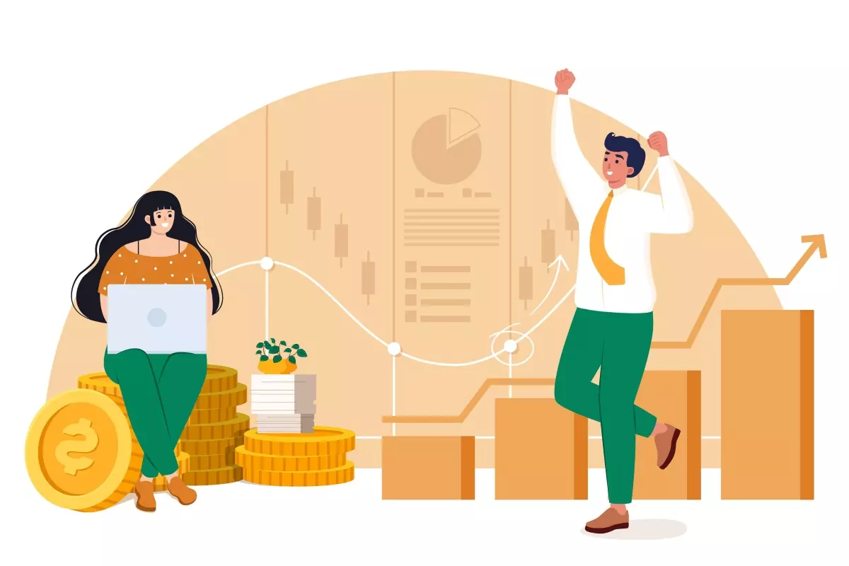 Ilustração representando os encargos que incidem no pagamento do trabalhador intermitente, incluindo gráficos, moedas e pessoas comemorando, indicando crescimento e sucesso financeiro.