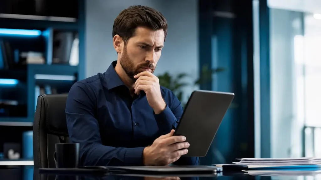 Homem trabalhando em escritório moderno, sentado à mesa com computador, digitando e pensando sobre a multa por não cadastrar trabalhador intermitente no eSocial, com a mão no queixo, ambiente corporativo com luz natural ao fundo.