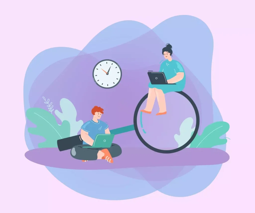 Ilustração representando a redução de jornada e salário no trabalho intermitente, com duas pessoas usando laptops e um relógio simbolizando o tempo de trabalho flexível.