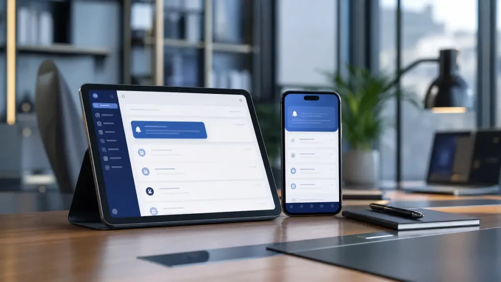 Mesa de escritório com tablet e smartphone exibindo interface de aplicativo, com um documento/lista de etapas em destaque, sugerindo gestão digital e produtividade sobre o termo de convocação no contrato de trabalho intermitente